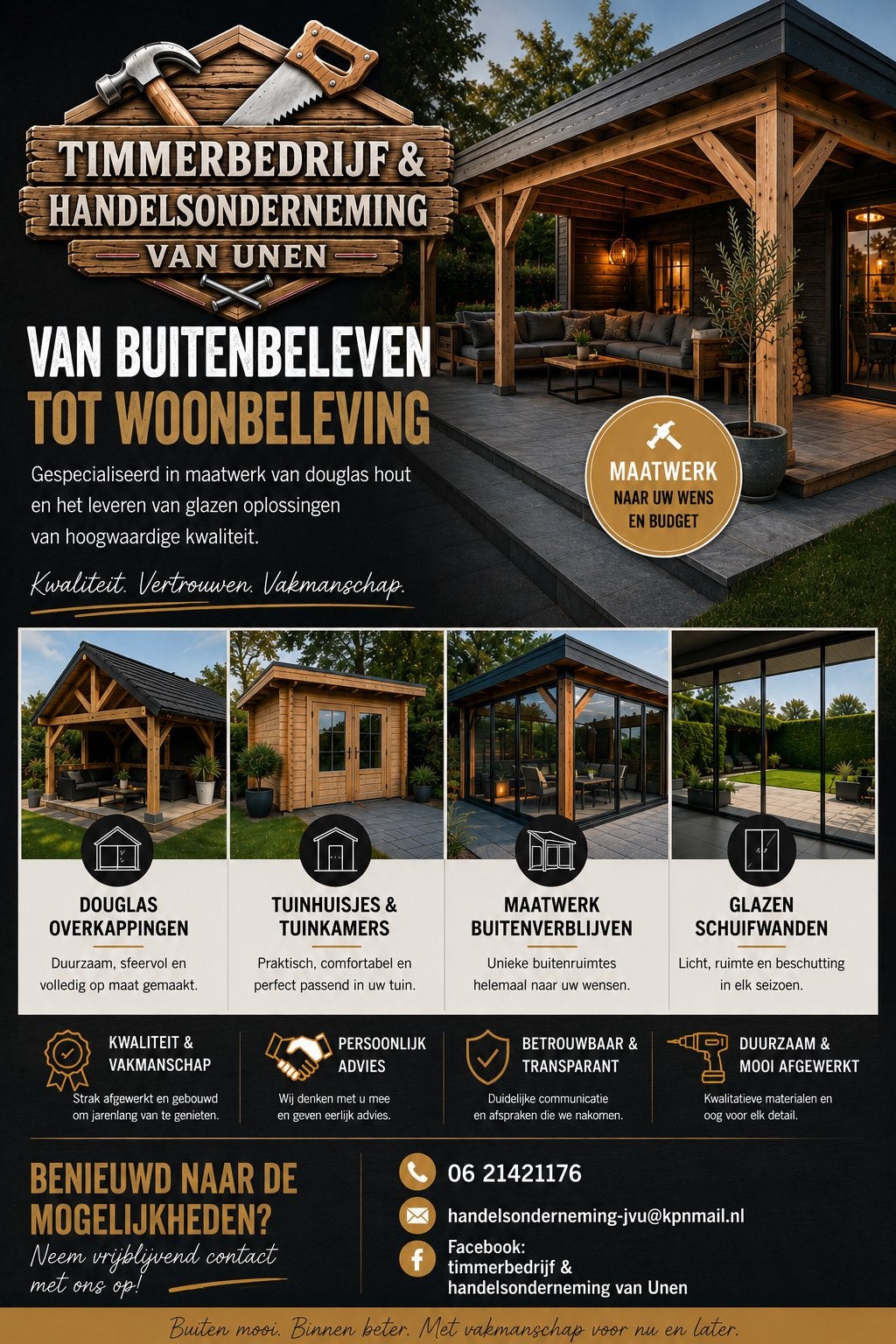Douglas overkappingen,tuinhuisjes,tuinkamers,glazen puien, Garantie