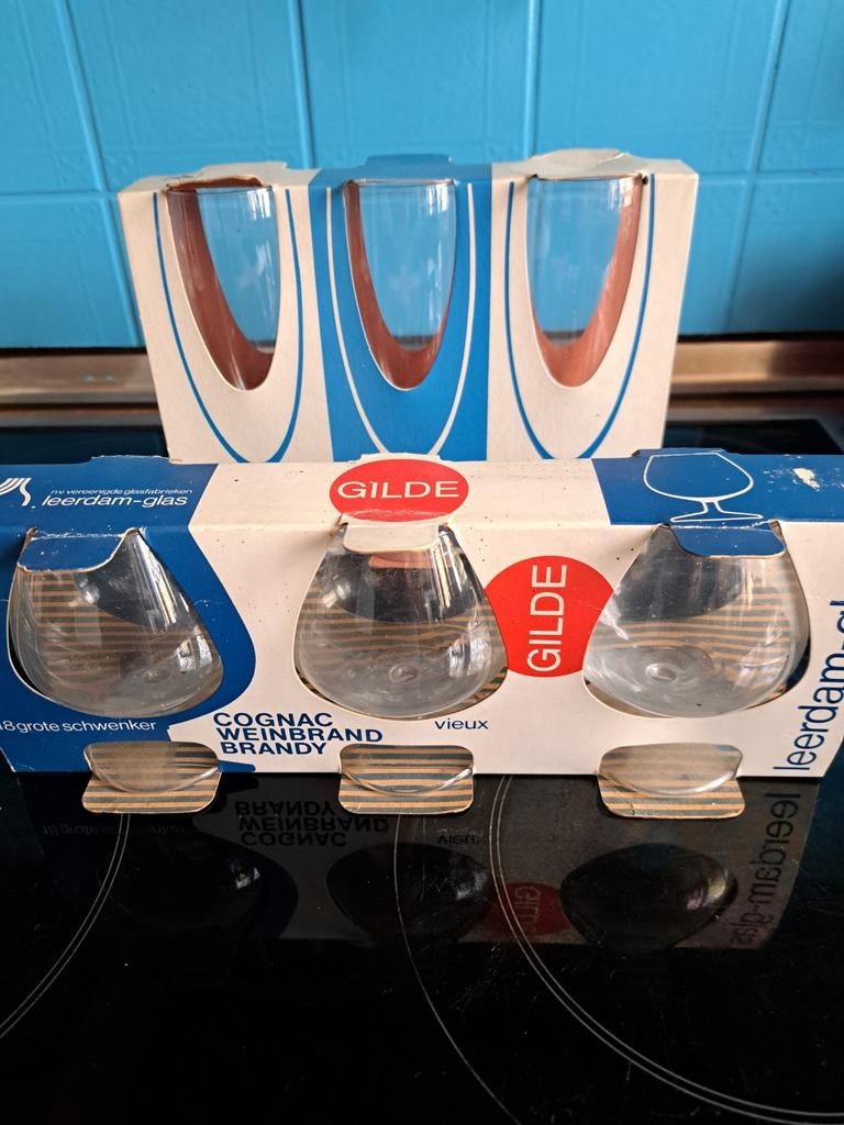2x vintage Leerdam glazen set in originele verpakking., Ophalen