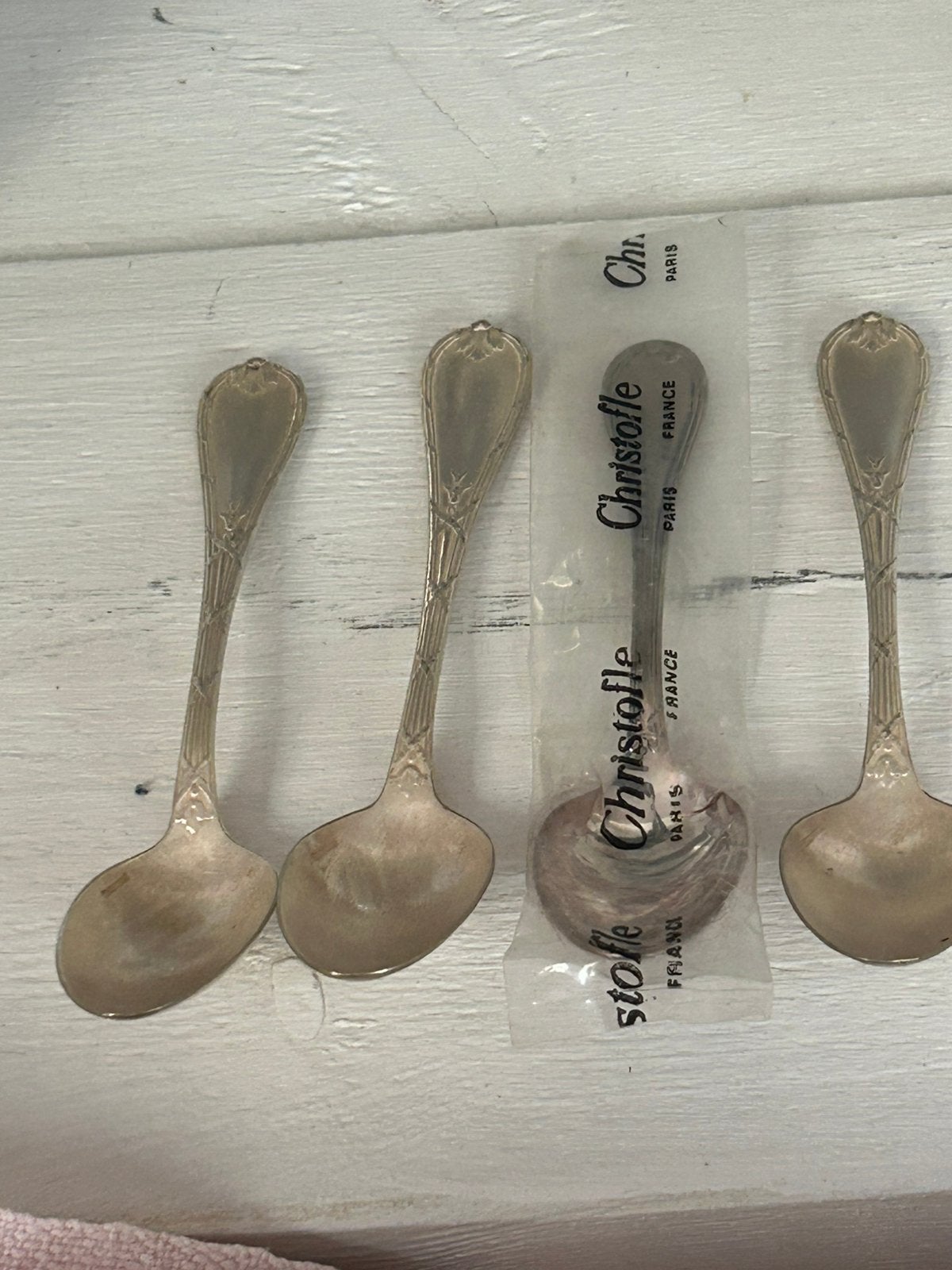 Christofle Rubans  croisés4x nieuwe koffie lepels verzilverd, Antiek en Kunst, Ophalen