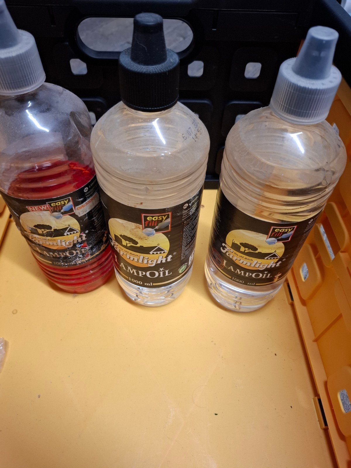 Lampolie 1000 ml - 2x transparant, 1x rood (deels gebruikt), Ophalen, Gebruikt, Meerkleurig