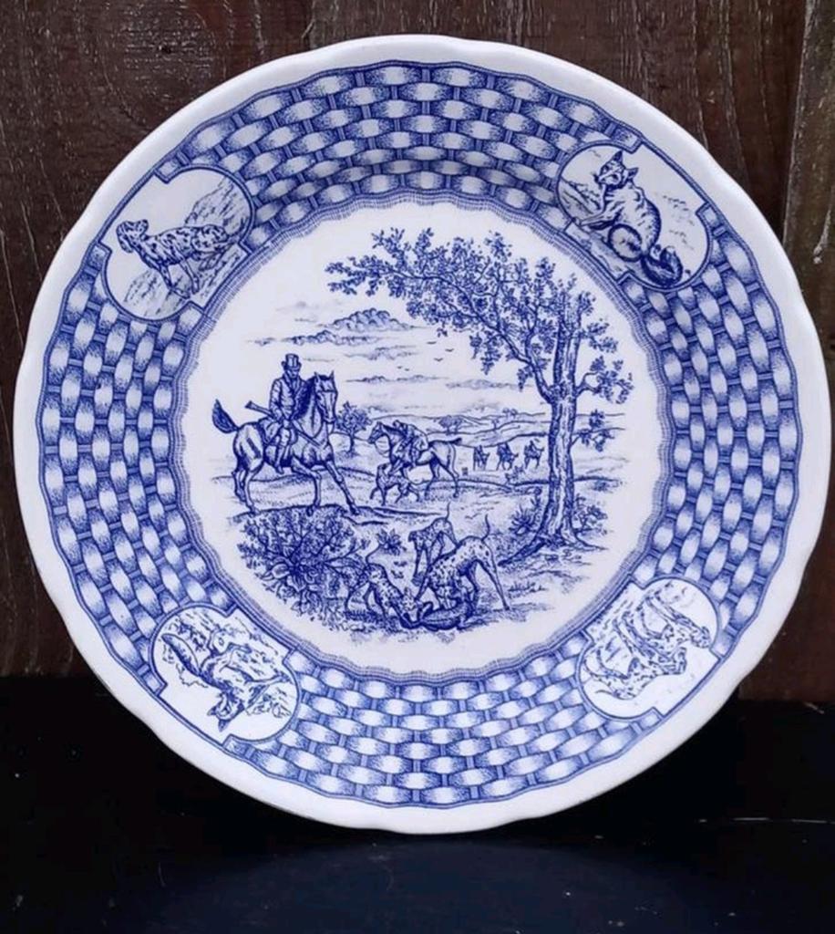 Vintage Blauw Wit Bord met Jachttafereel en Dalmatiërs, Antiek en Kunst, Ophalen of Verzenden