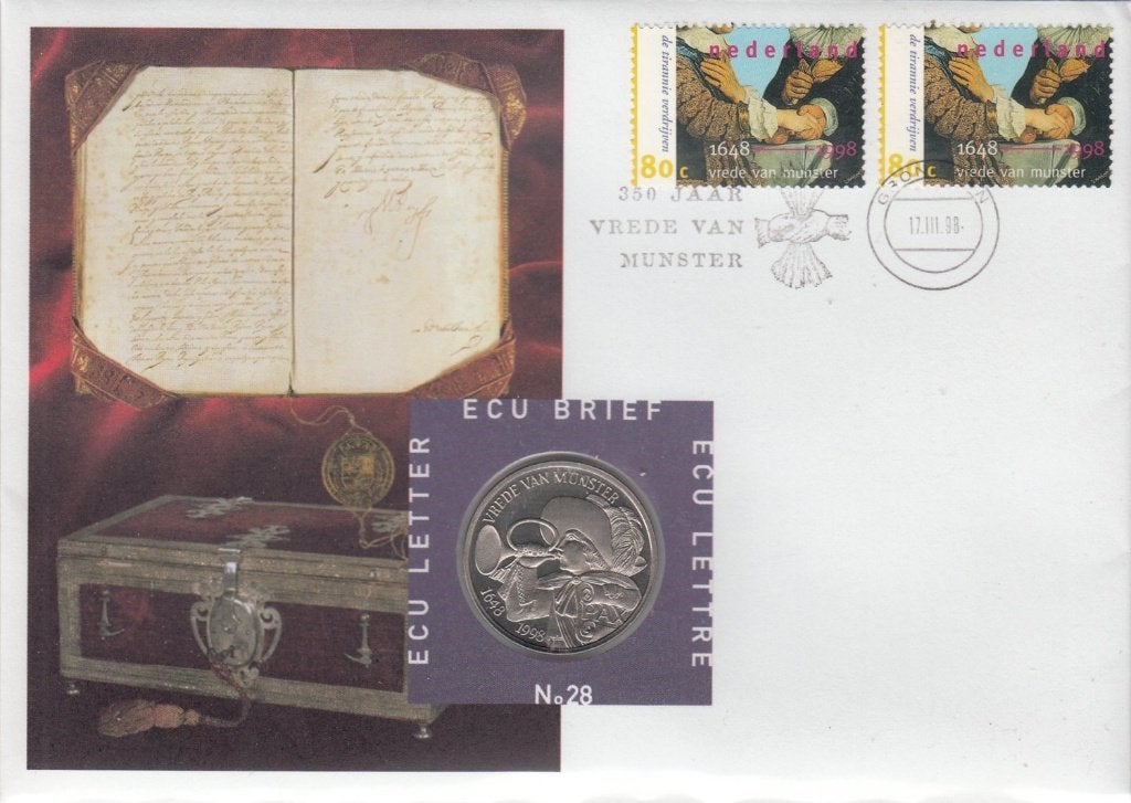 Nederland ECU brief No. 28 Vrede van Munster 1998 + penning, Ophalen of Verzenden, Overige materialen, Nederland