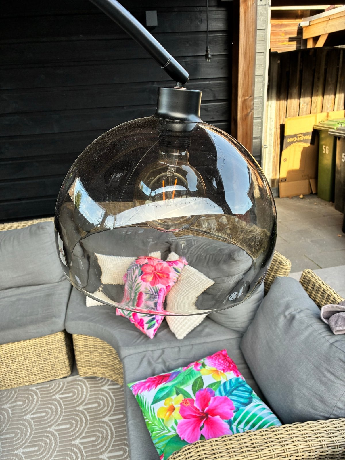 Grote Booglamp met Glazen Kap - Zwart Metaal, Ophalen, Gebruikt, 200 cm of meer, E27 (groot)