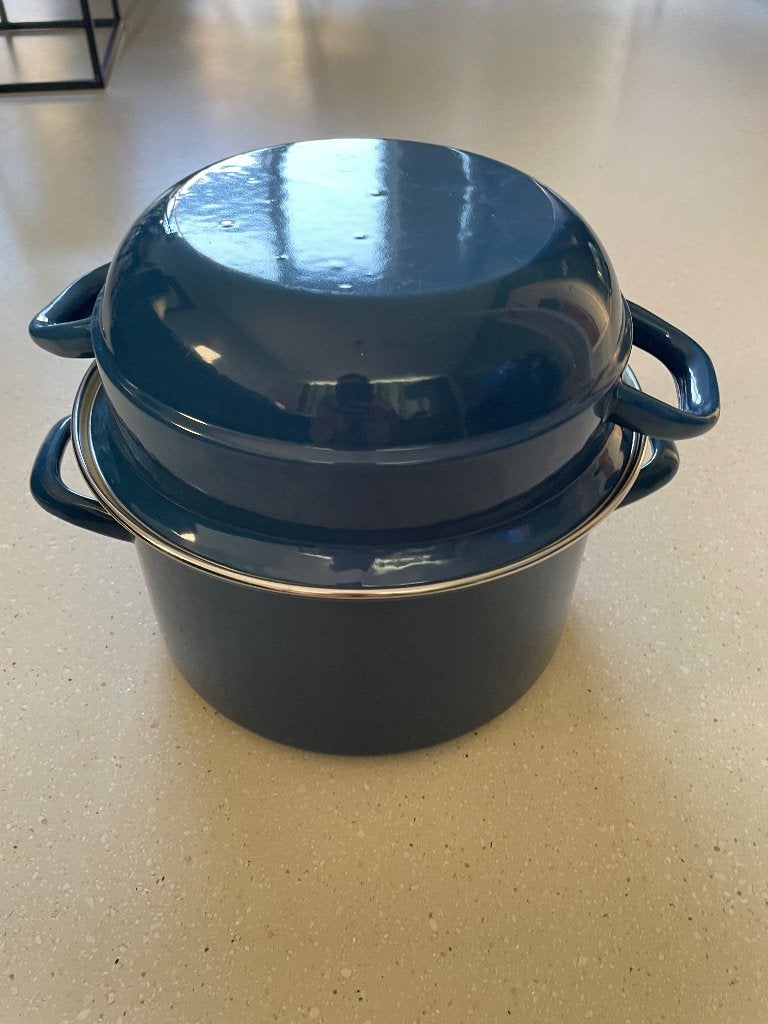 Grote Blauwe Pan, Gebruikt, Met deksel, Pot, Bus of Blik, Ophalen of Verzenden