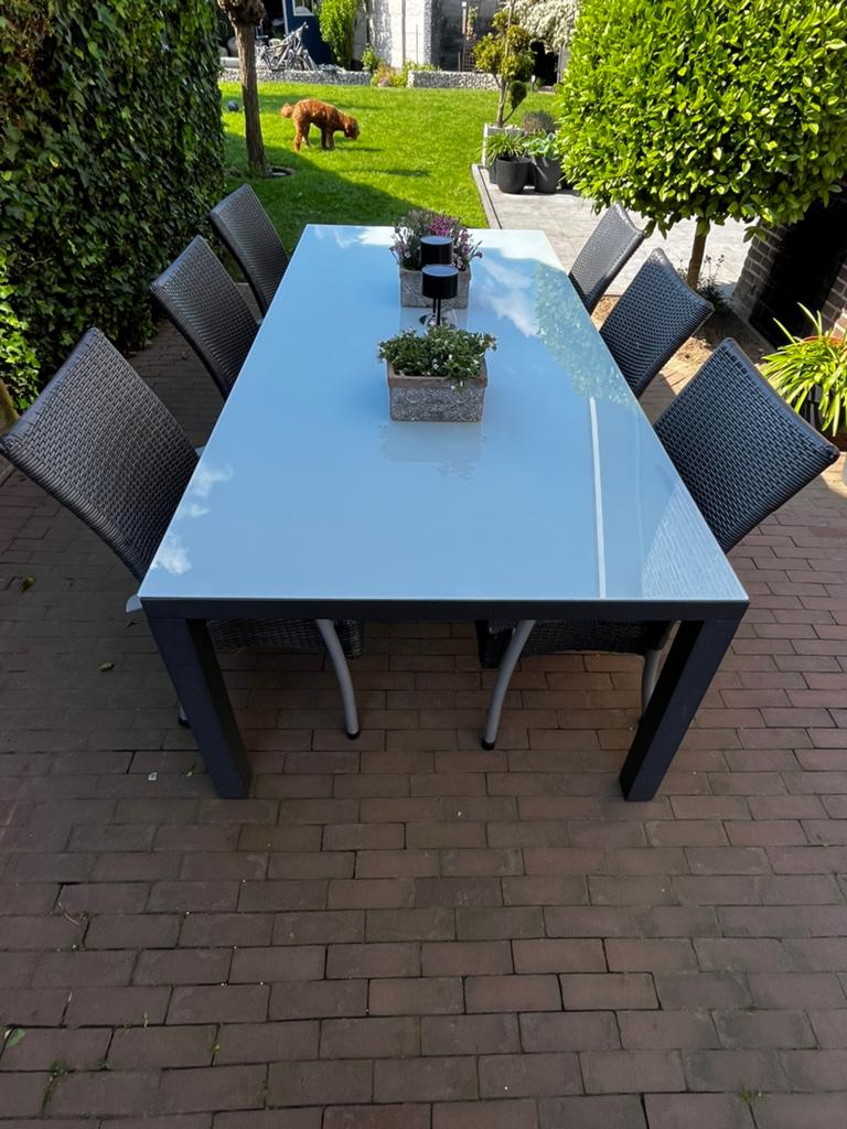 Tuinset aluminium met melkglazen blad, Tuin en Terras, Tuintafels, Ophalen, Gebruikt, Rechthoekig, Aluminium