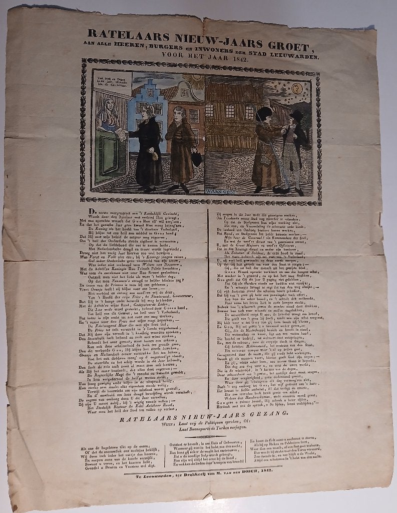 RATELAARS NIEUW-JAARS GROET HEEREN BURGERS  LEEUWARDEN 1842, Gesigneerd, 33 cm, 1800 - 1899, Ophalen of Verzenden