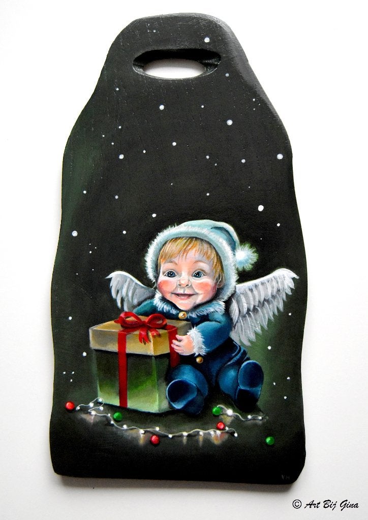 Kerst engeltje, hand geschilderd op een mooi houten plankje, Ophalen of Verzenden
