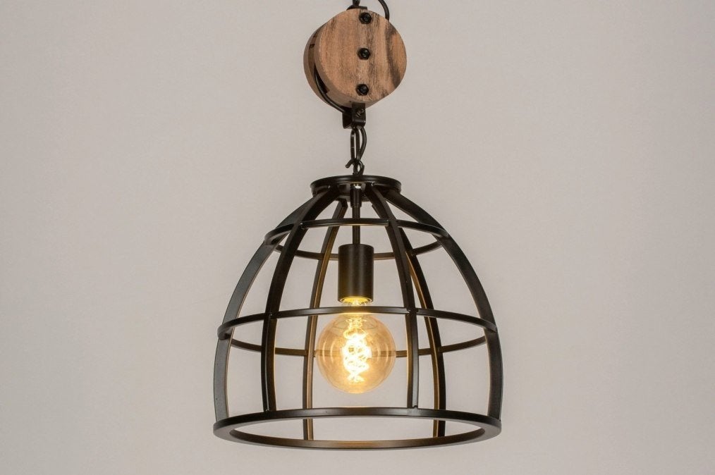 Industriële hanglamp met katrol - Zwart metaal en hout, Huis en Inrichting, Lampen | Hanglampen, Zo goed als nieuw, Industrieel