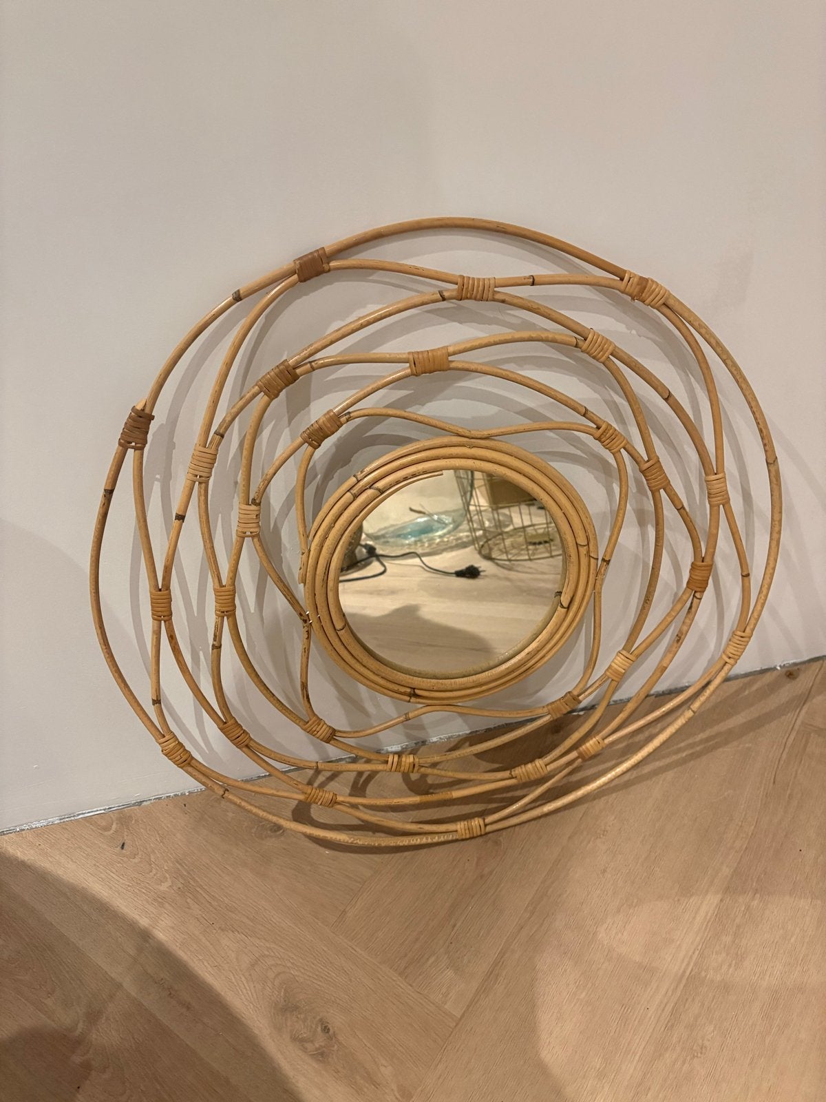 Rotan spiegel uit Frankrijk, diameter 60 cm, Huis en Inrichting, Woonaccessoires | Spiegels, Gebruikt, Rond, Ophalen of Verzenden