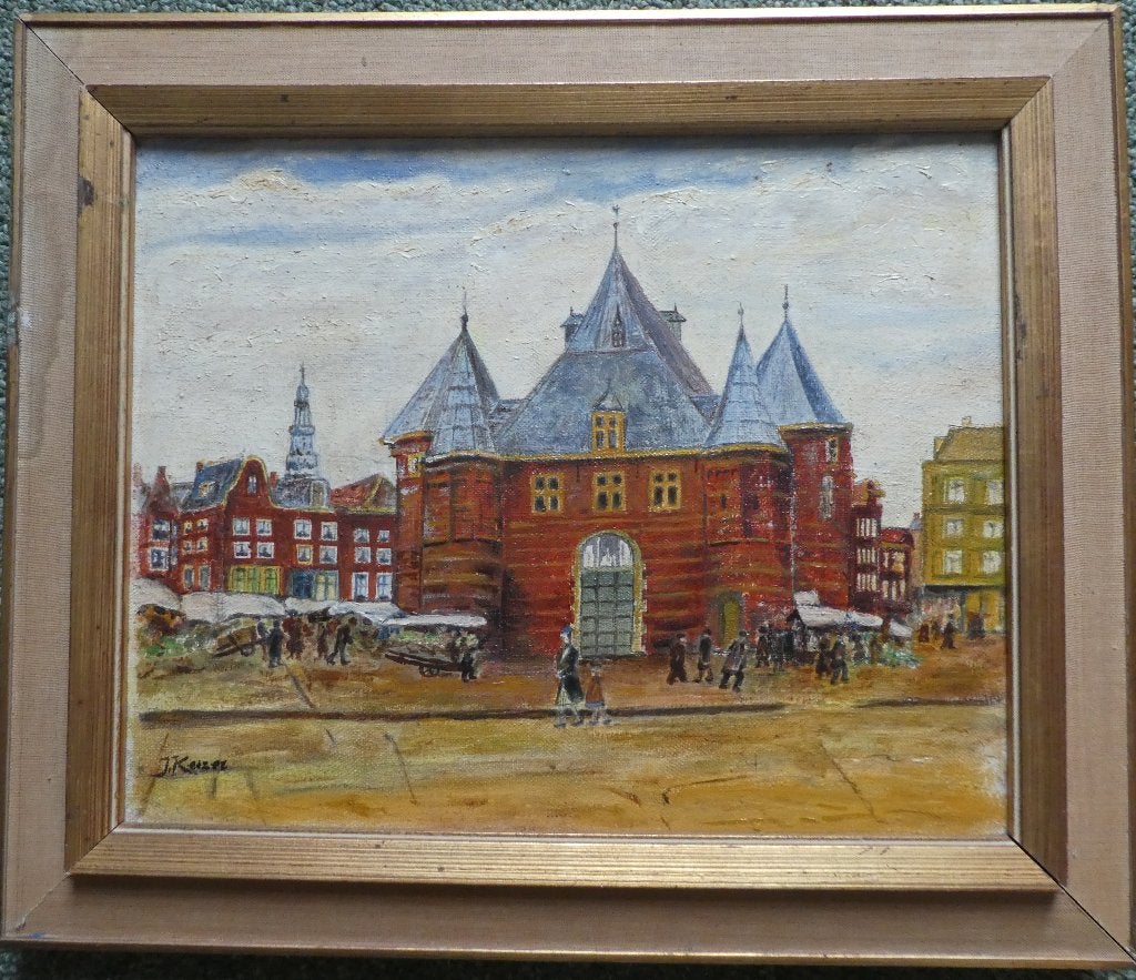 olieverfschilderij Nieuwmarkt met Waag te Amsterdam, Doek, Realistisch, Ophalen of Verzenden, Olieverf