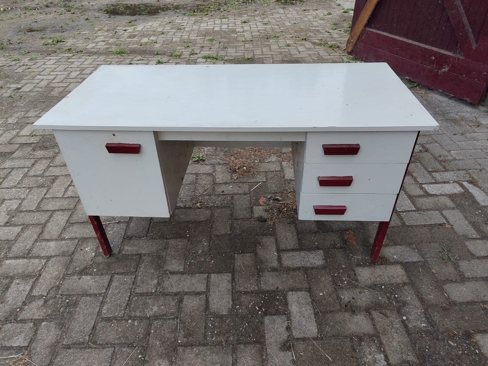 Vintage bureau met lades - Wit/Rood, Ophalen, Gebruikt, Hout, Vintage