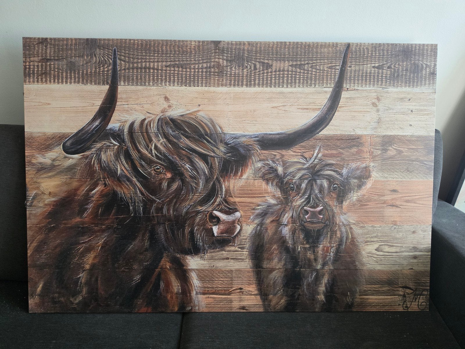 Schilderij Schotse Hooglanders op Barnwood, Antiek en Kunst, Ophalen, Hout, Ophangklaar, Dieren