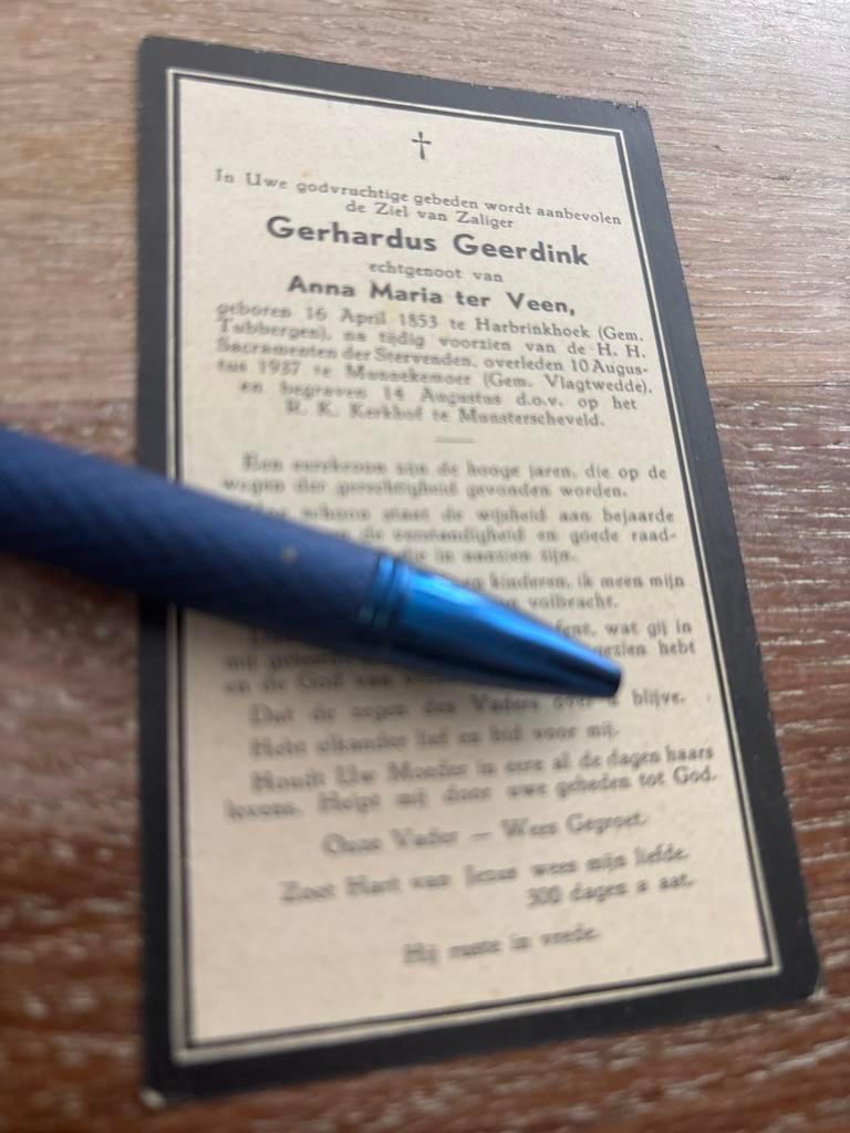 Geerdink Gerhardus harbrinkhoek 1937 Munnekemeer x ter Veen, Ophalen of Verzenden, Bidprentje