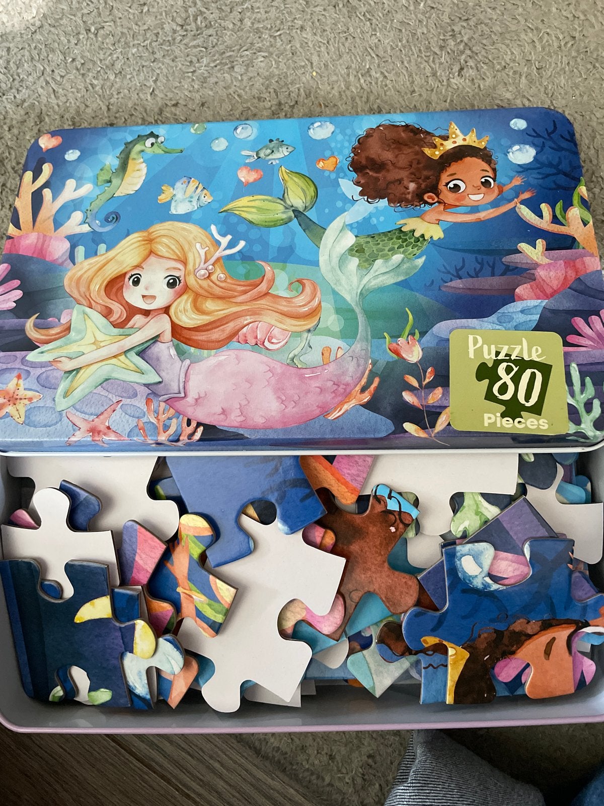 Zeemeermin puzzel 80 stukjes in metalen doos, Ophalen of Verzenden, Meer dan 50 stukjes, Gebruikt, 4 tot 6 jaar