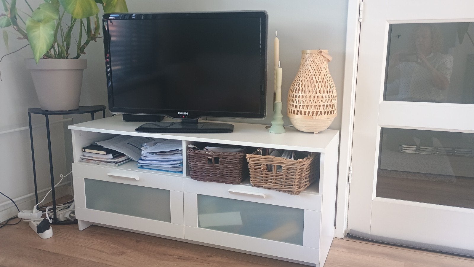 Witte TV-meubel met lades en open vakken, Ikea Brimnes, Ophalen, Gebruikt, 100 tot 150 cm, Minder dan 100 cm