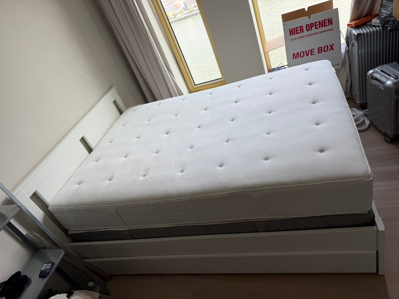 Wit bed 140x200 met opberglade, incl. 2 matrassen, logeerbed, Ophalen, Gebruikt, Tweepersoons, 140 cm