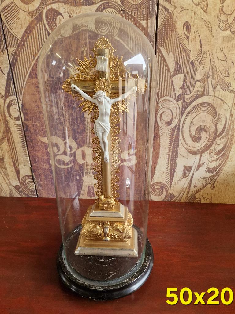 antieke stolp met crucifix 50 cm, Antiek en Kunst, Antiek | Religie, Ophalen of Verzenden