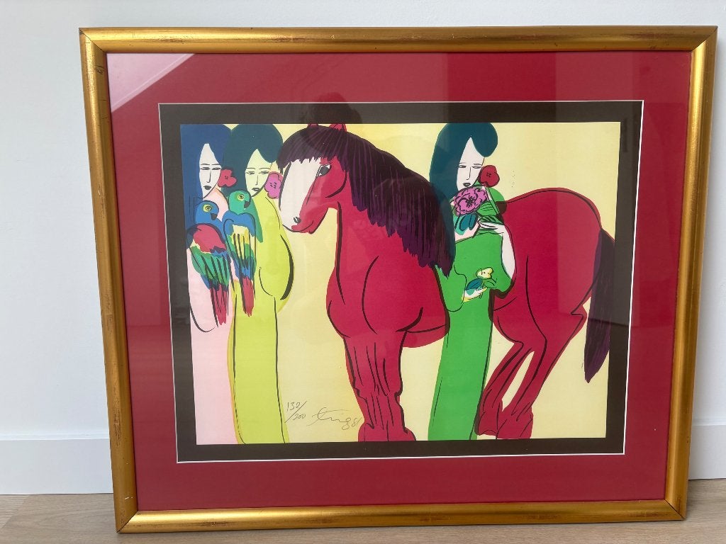Walasse Ting - Zeefdruk, Vrouwen met paard en papegaaien, Antiek en Kunst, Kunst | Litho's en Zeefdrukken, Ophalen, Zeefdruk, Gesigneerd