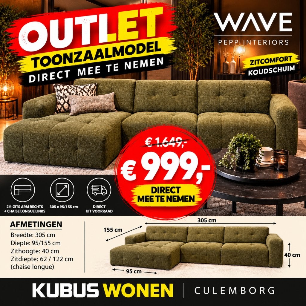 KUBUS WONEN Wave hoekbank groen – OUTLET van €1649 voor €999, Ophalen of Verzenden, Rechte bank, LANDELIJK | MODERN | JAPANDI