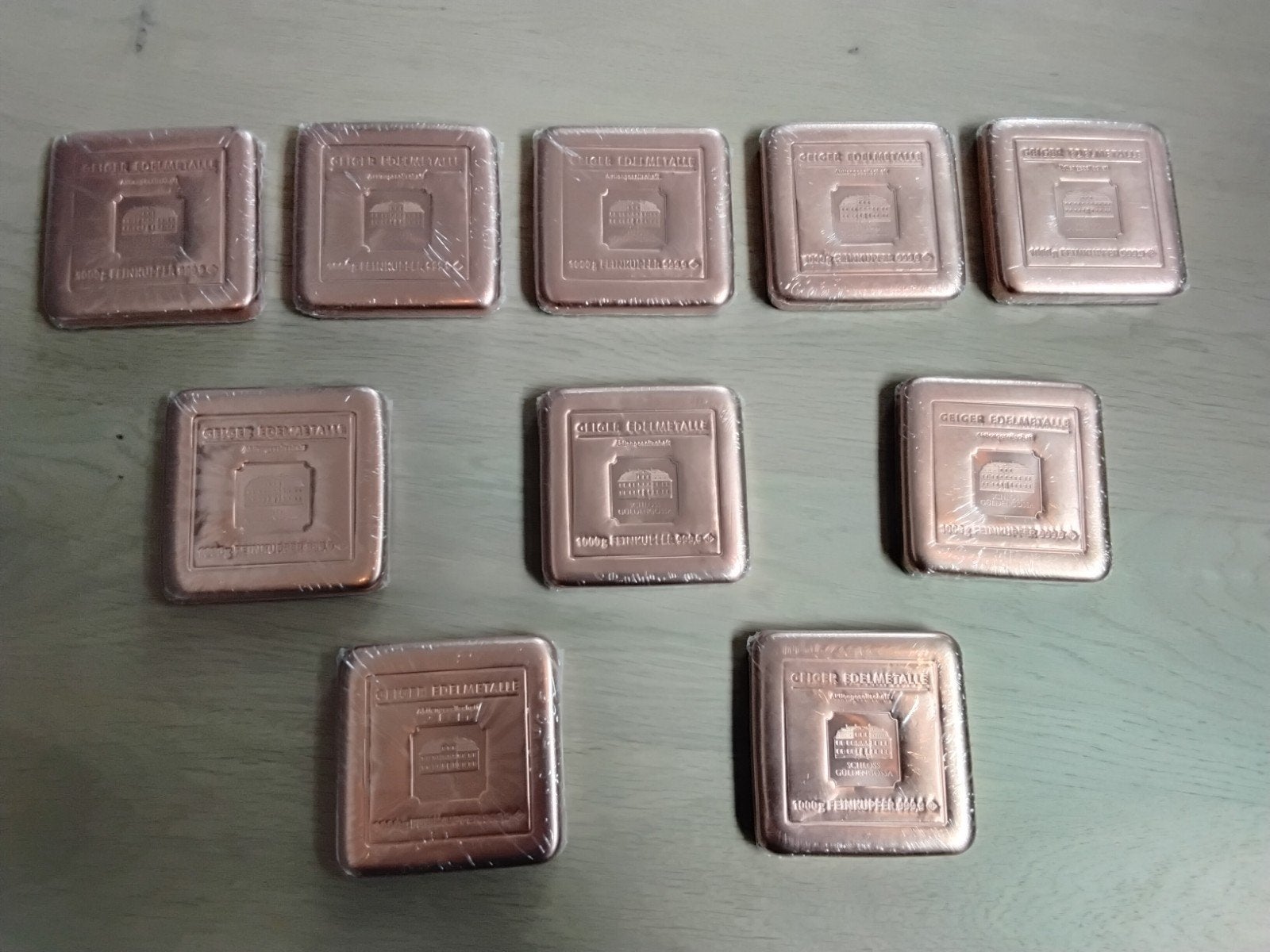 10x Geiger 1 kilogram #koperbaren 999.9 fine koper., Postzegels en Munten, Edelmetalen en Baren, Ophalen of Verzenden, Koper