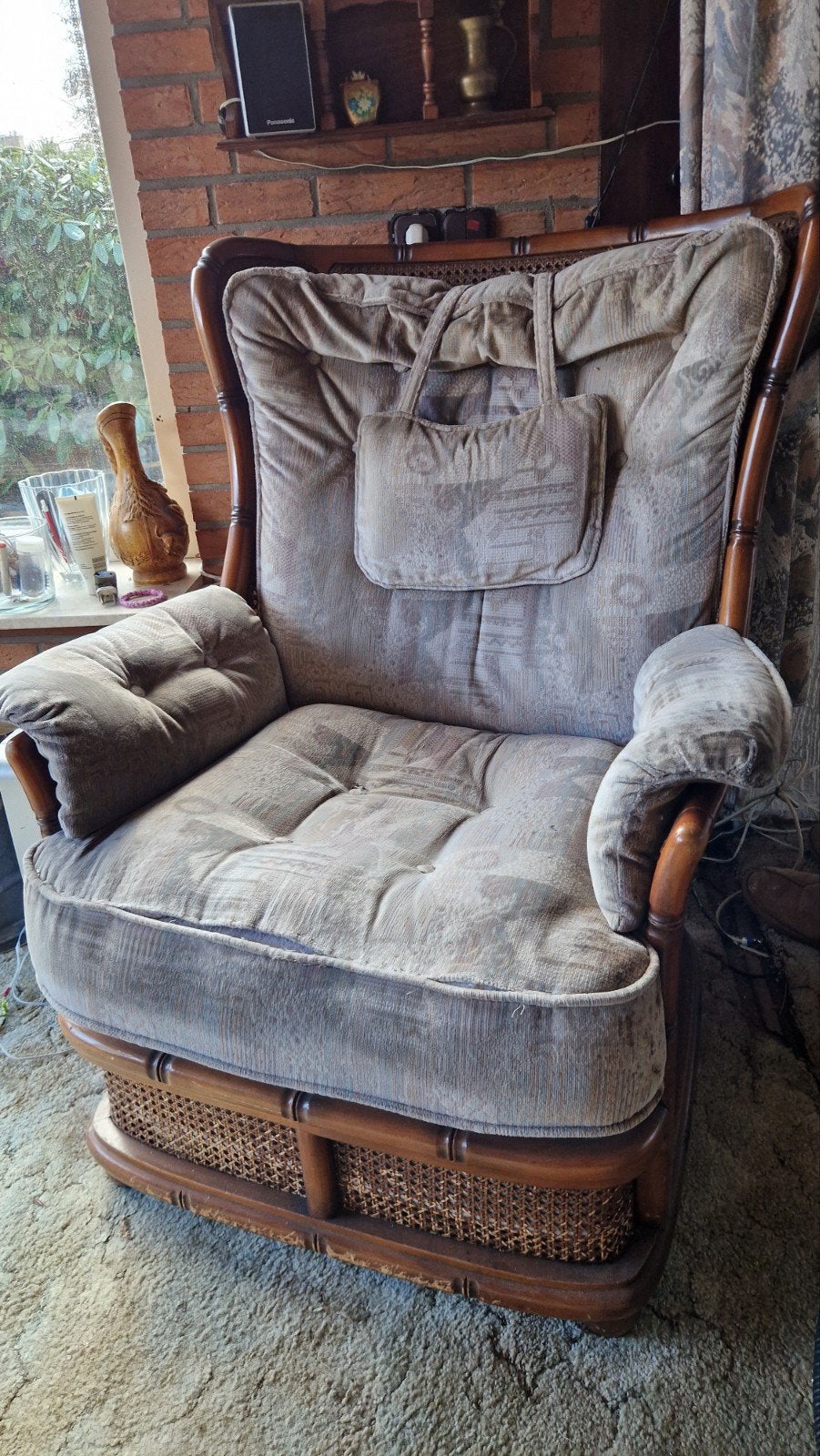 Vintage rotan fauteuil met stoffen bekleding, Gebruikt, Overige kleuren, Ophalen of Verzenden, Vintage, Retro, Landelijk