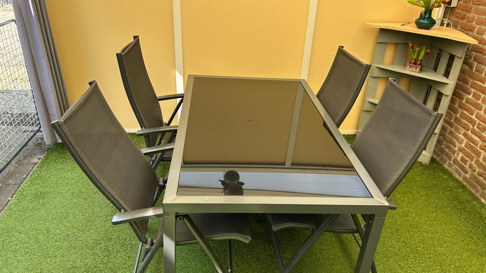 Alex tuinset met 4 stoelen en glazen tafel, Ophalen, 4 zitplaatsen, Gebruikt, Eettafel