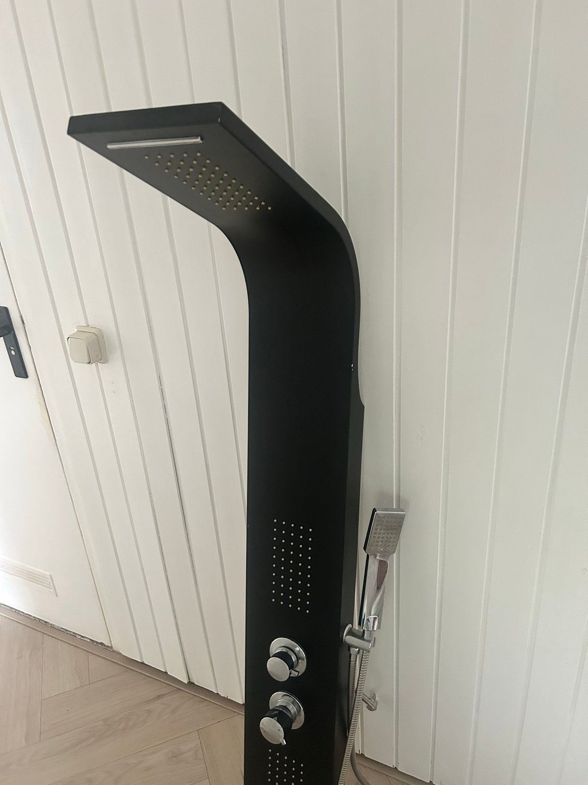 Moderne zwarte douchepaneel met regendouche en handdouche, Ophalen, Zo goed als nieuw, Rvs, Douche