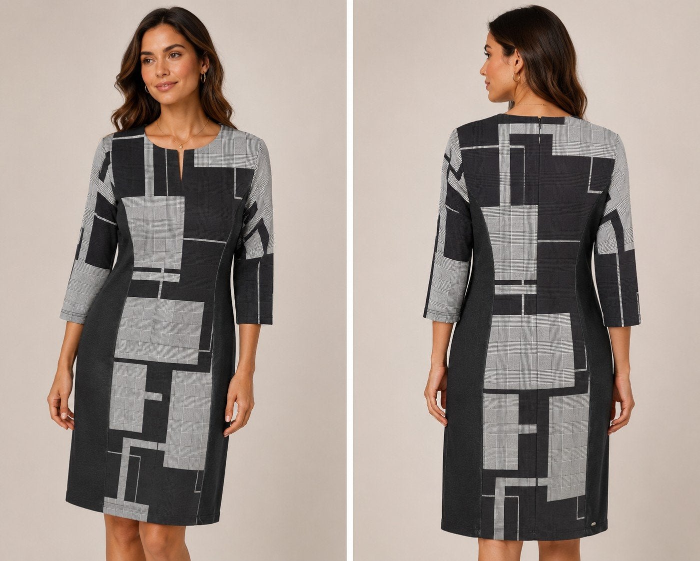 ANGELLE MILAN Jurk Zwart/Grijs met Geometrisch Patroon, Kleding | Dames, Jurken, Ophalen of Verzenden