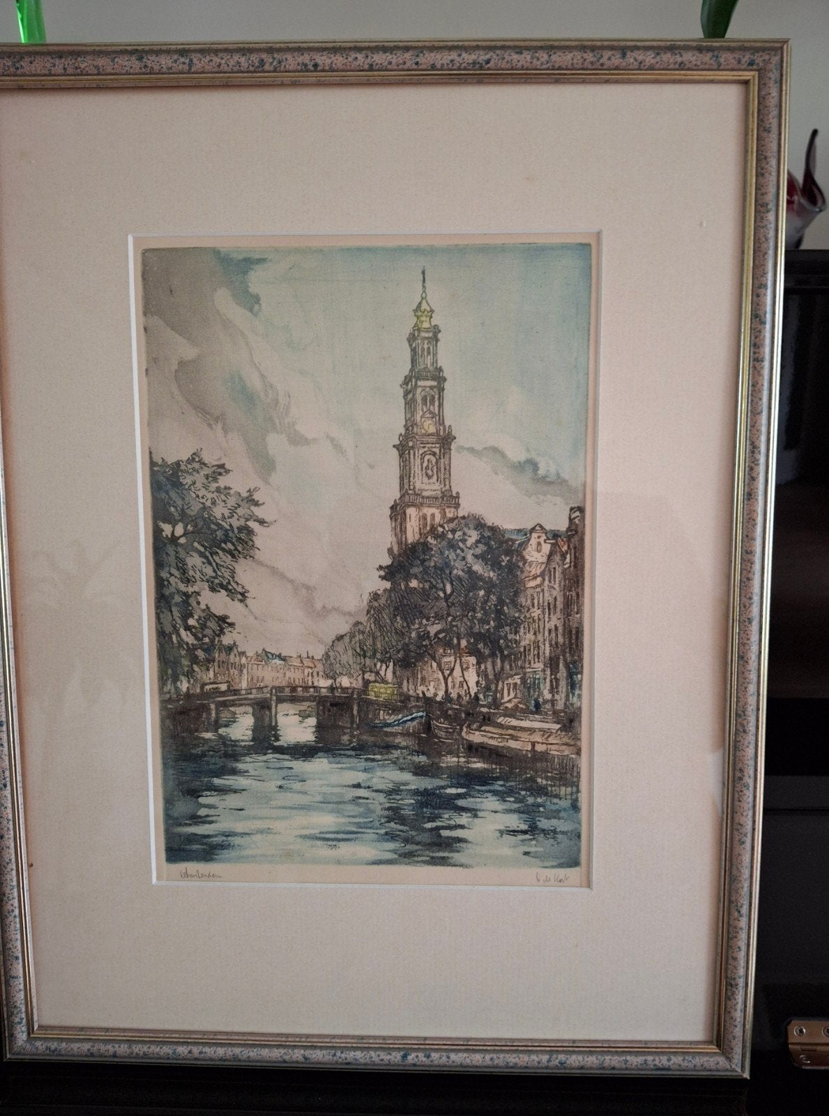 kleurenets Amsterdam Westerkerk/ Prinsengracht, C de Kort, Gesigneerd, Stadsgezicht, Ophalen of Verzenden, 1950 - 1999