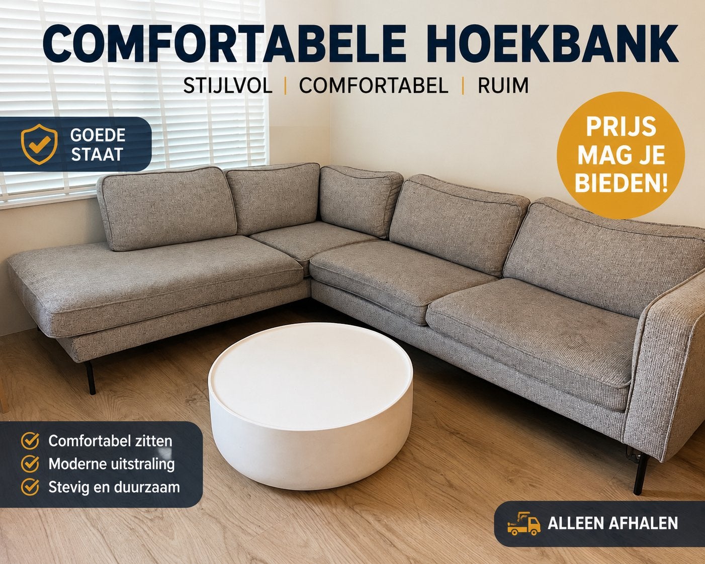 Grijze Hoekbank met eiland& Zwarte Metalen Poten 290 x 190cm, Ophalen, 250 tot 300 cm, Gebruikt, Hoekbank