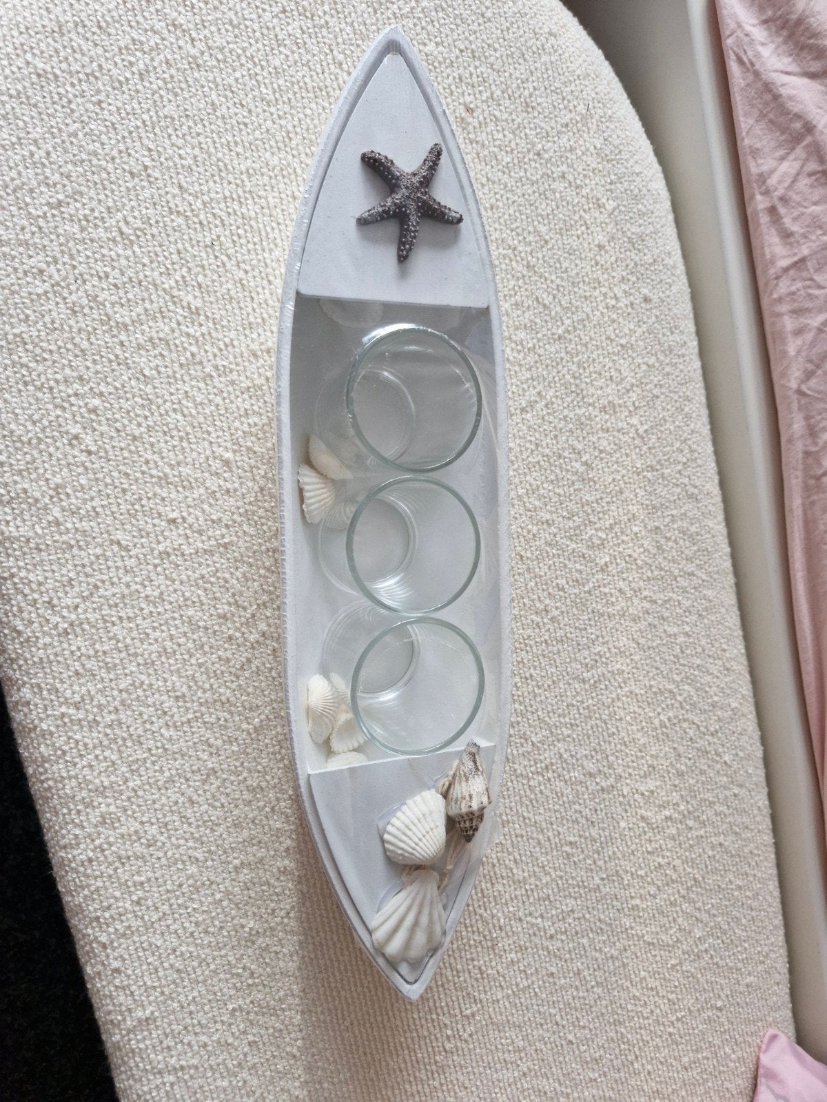 Nieuw decoratie bootje met kaarshouders en schelpen, Huis en Inrichting, Ophalen of Verzenden, Nieuw, Wit, Hout