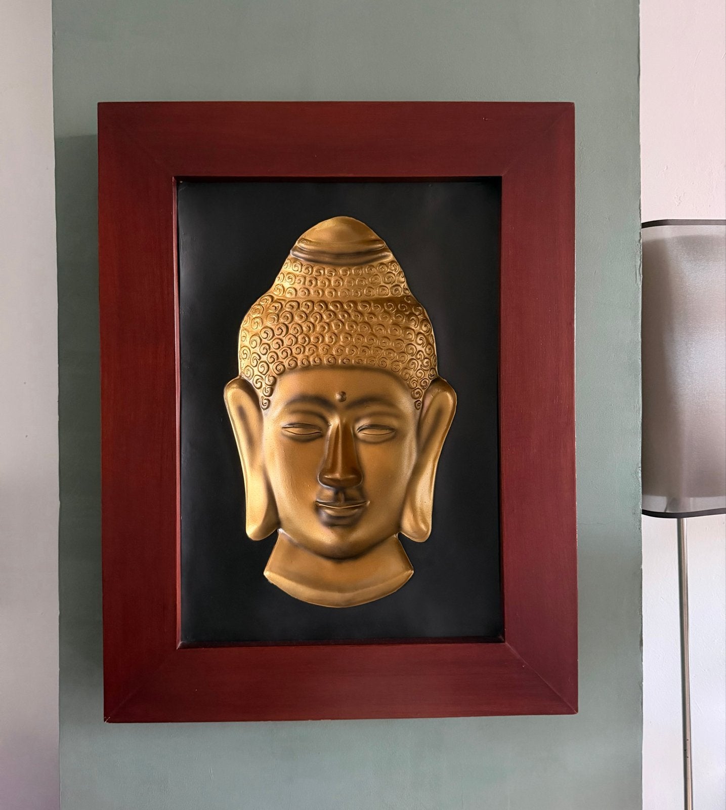 Boeddha Hoofd Wanddecoratie - Goudkleurig met Houten Lijst, Ophalen, Zo goed als nieuw, Hout, Goud