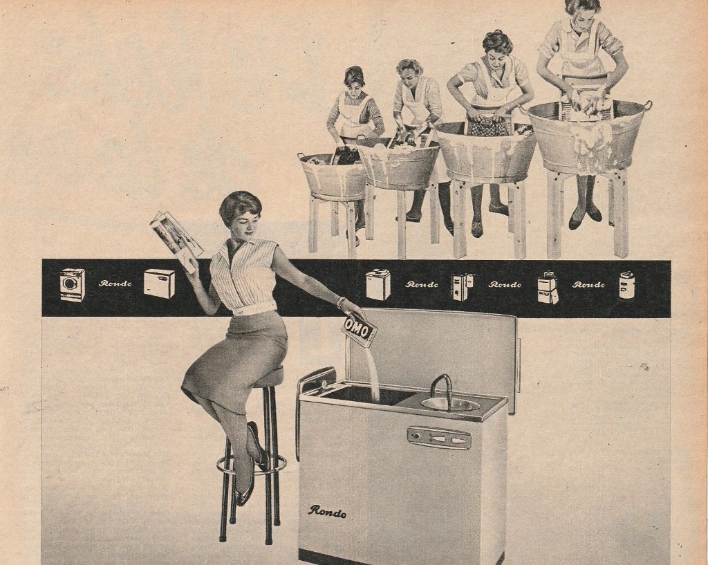 Retro reclame 1958 Omo wasmiddel in wasmachine Rondo, Verzamelen, Verzenden, Overige typen