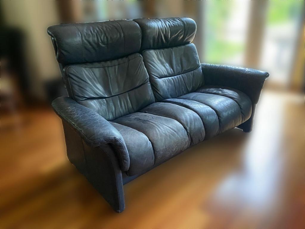 Stressless 2 zits bank blauw leder, Ophalen, Relax, Gebruikt, 150 tot 200 cm