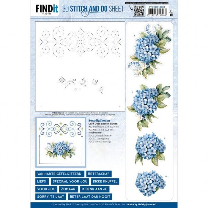 Berrie's Beauties 3D STITCH AND DO knipvel Blue Hydrangeas 1, ., Nieuw, Ophalen of Verzenden, .