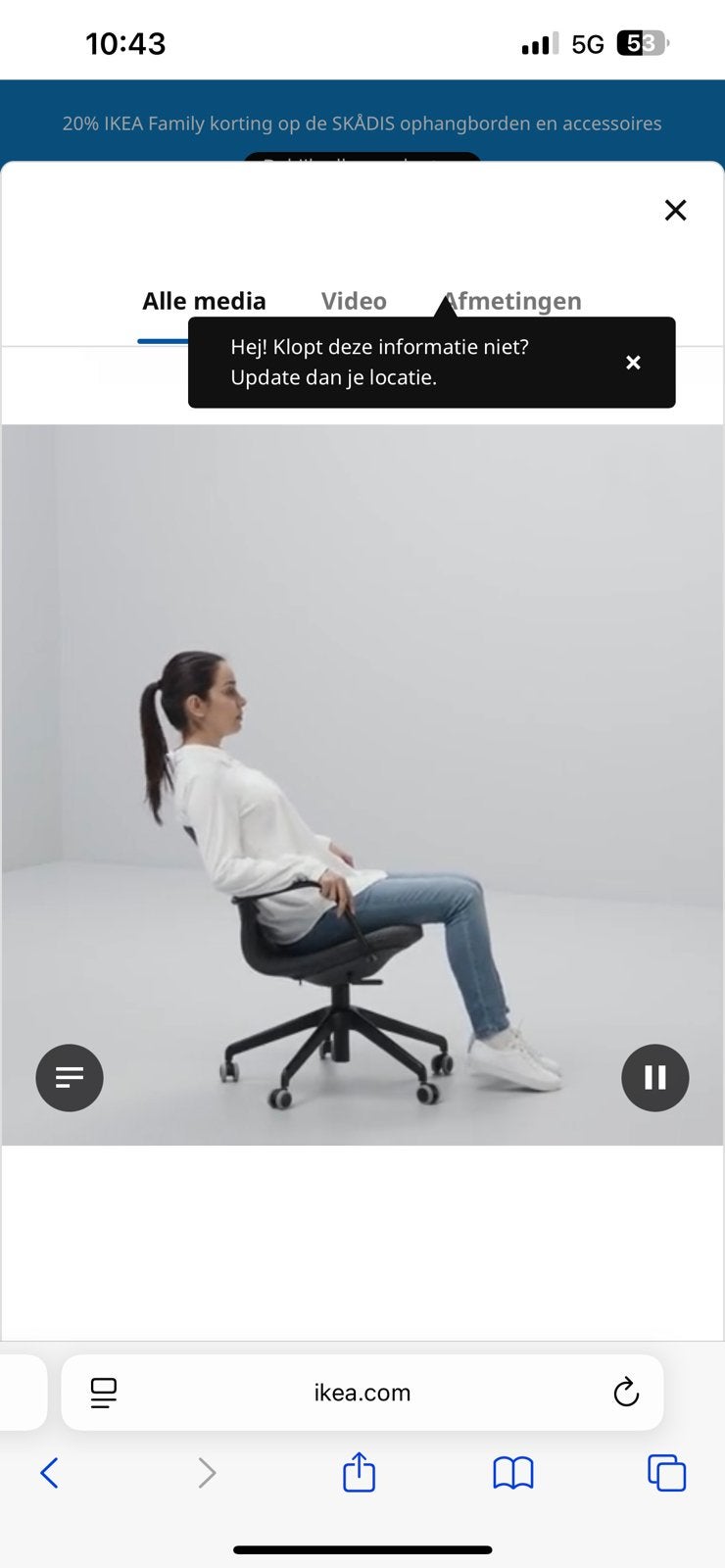 BUREAUSTOEL BEKLEED IKEA IZGS, Ophalen, Gebruikt, Zwart, Bureaustoel
