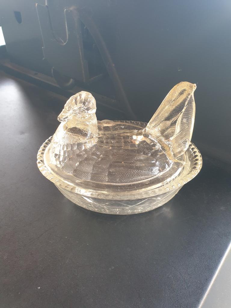 Vintage Glazen Kip op Nest - Snoeppot/Botervloot, Antiek en Kunst, Antiek | Glas en Kristal, Ophalen of Verzenden