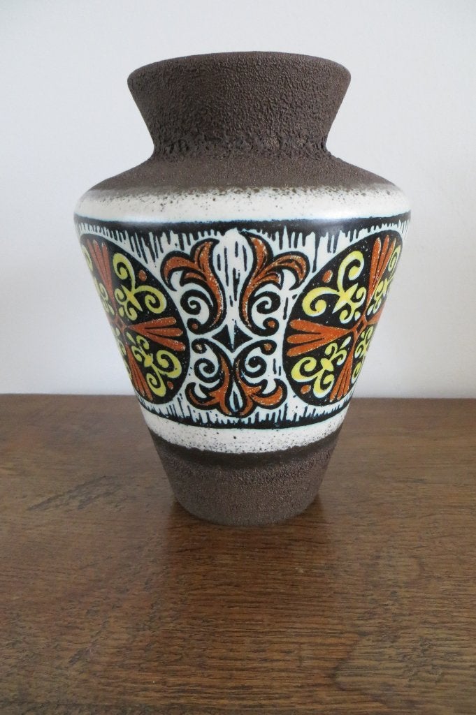 Vintage fat lava vaasje, bruin met fraai design in Wit, geel, Ophalen of Verzenden
