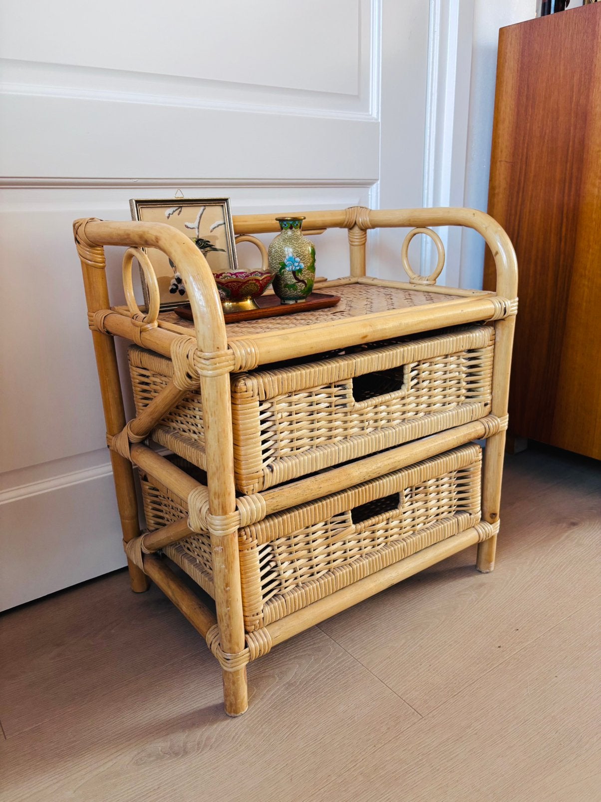 Vintage Rotan Ladekastje / Commode met 2 Laden – Boho, Ophalen, Minder dan 50 cm, 1 of 2 laden, Zo goed als nieuw