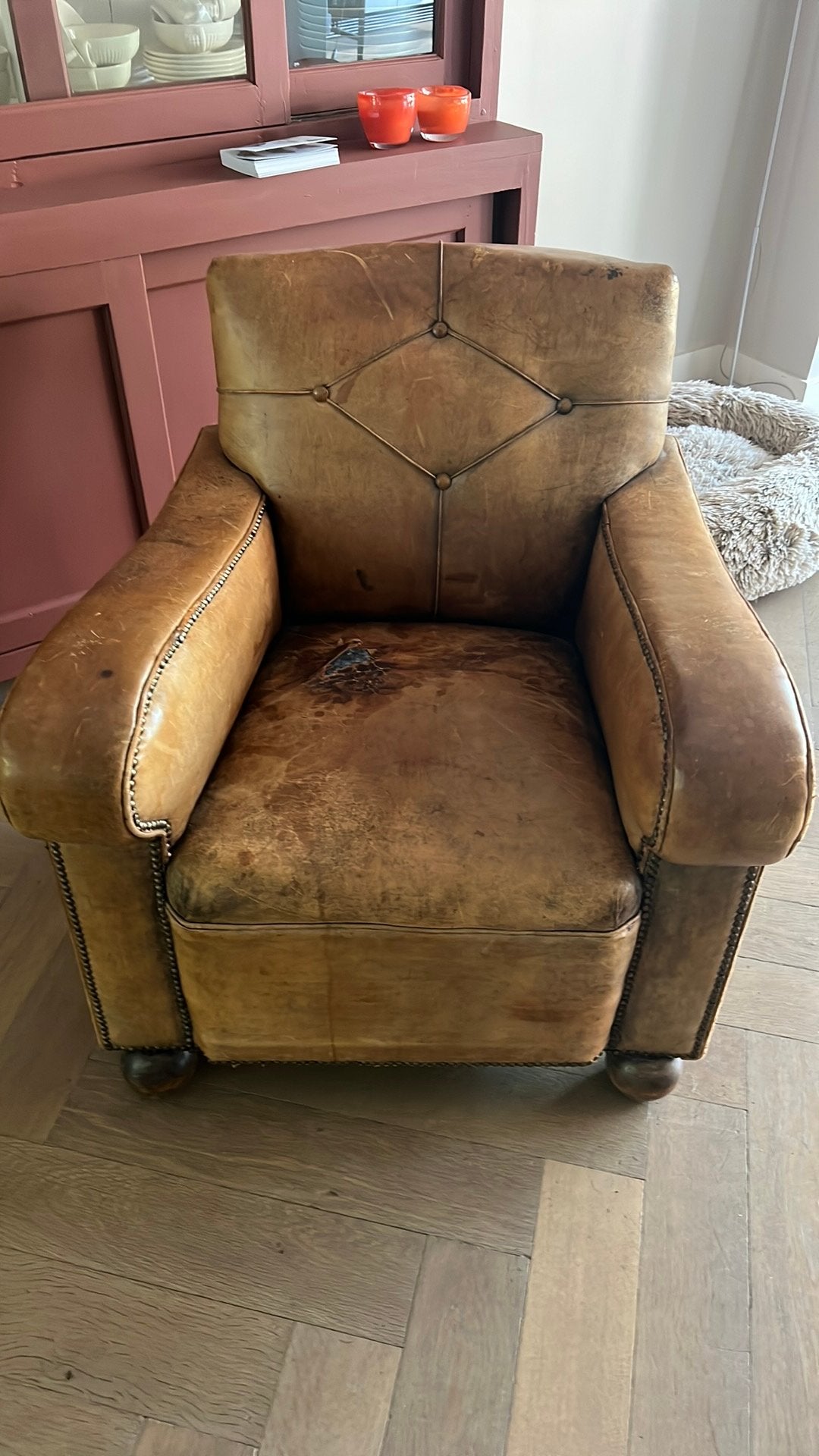 Vintage leren fauteuil, Ophalen, Gebruikt, 75 tot 100 cm, 50 tot 75 cm