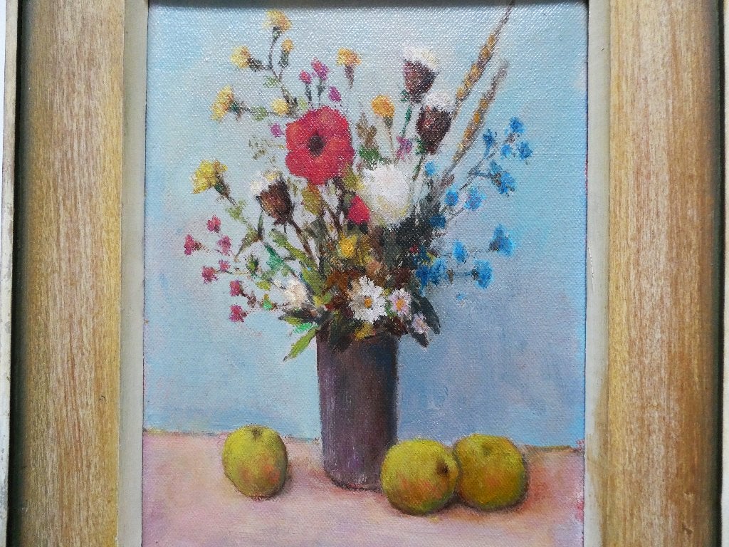 Vintage schilderij met bloemstilleven klaproos veldbloemen, Antiek en Kunst, Bloemen, Doek, Ophalen of Verzenden, Olieverf