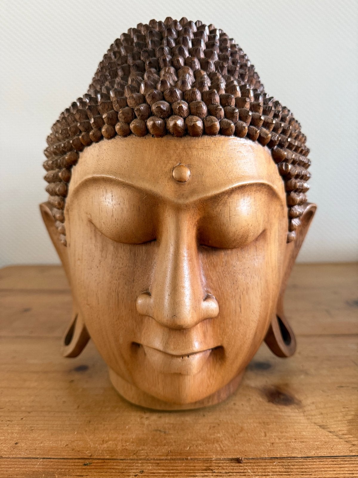 Buddha hoofd 31 cm massief hout, 31 cm, Ophalen of Verzenden, Hout, Bruin