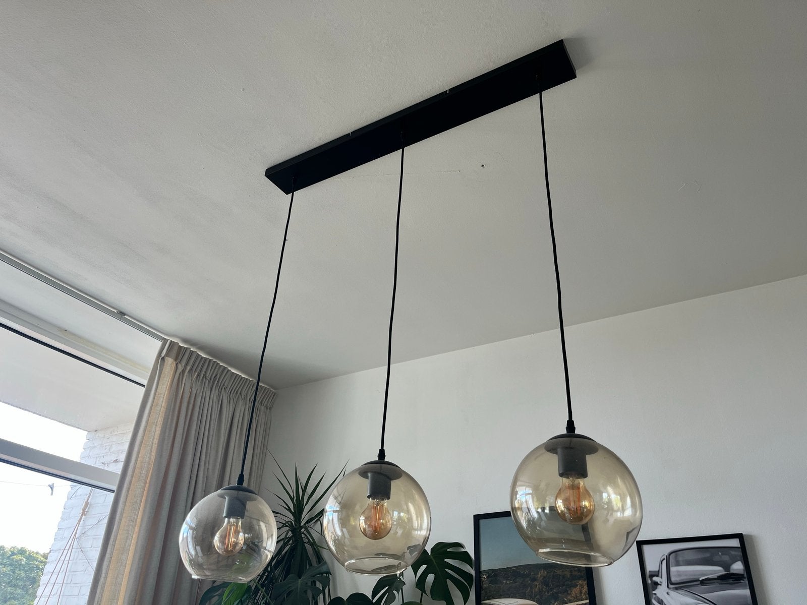 Moderne hanglamp met 3 glazen bollen - E27 fitting, Ophalen, Zo goed als nieuw, Glas, E27 (groot)