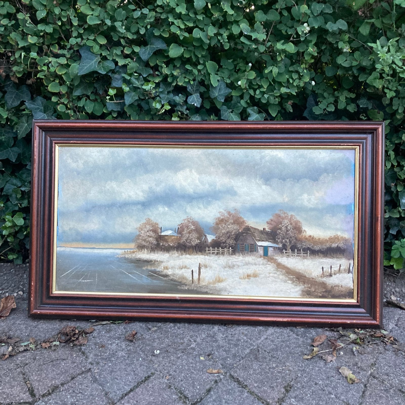 Vintage Winters Landschap Schilderij - Gesigneerd 95x54 cm, Ophalen