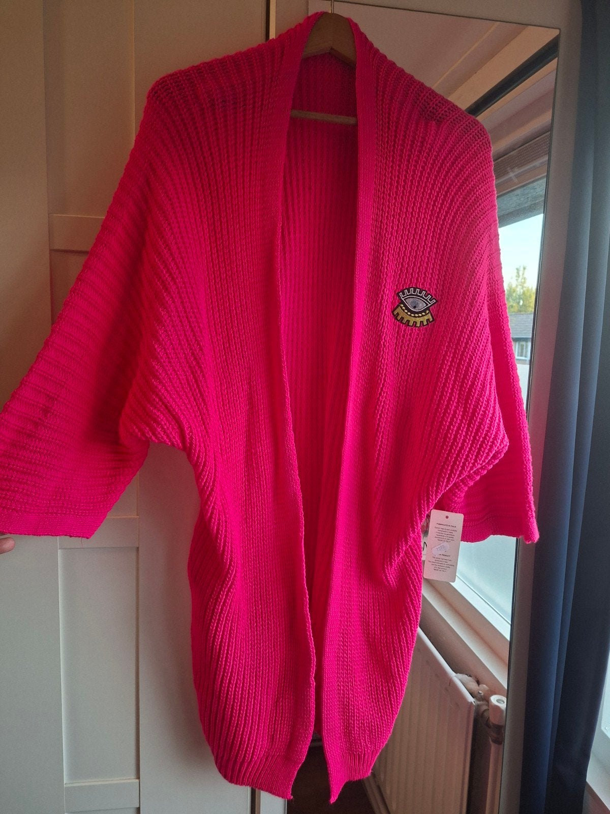 fuchsia roze gebreide vest met oog patch, Ophalen of Verzenden, Maat 38/40 (M), Roze