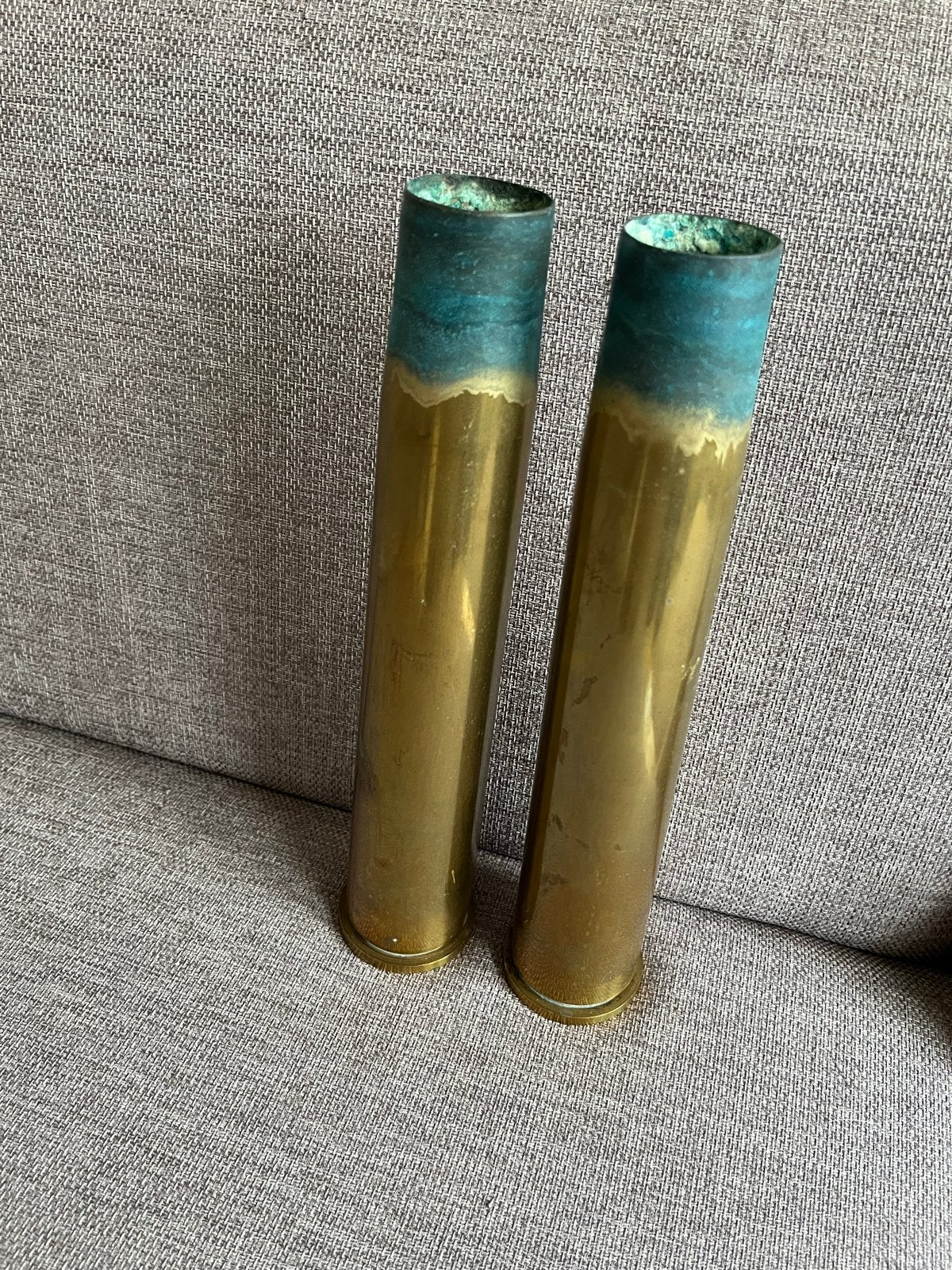 Twee koperen hulzen, Verzamelen, Militaria | Algemeen, Overige soorten, Hulzen of Bodemvondsten, Overige gebieden, Ophalen
