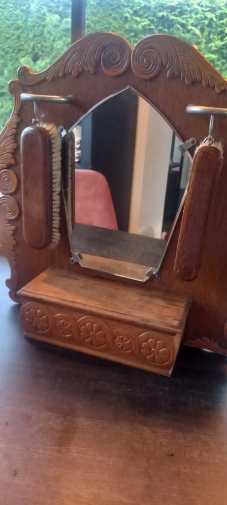Vintage Antieke Spiegel met Borstels - Houten Toilettafel, Antiek en Kunst, Ophalen of Verzenden