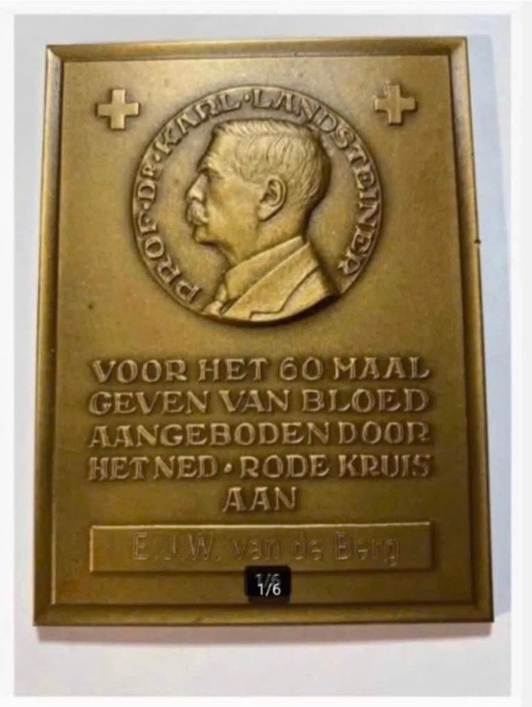Plaquette Rode Kruis Brons, 60 x Bloed, 8 x 6 cm, Ophalen of Verzenden, Overige materialen, Nederland