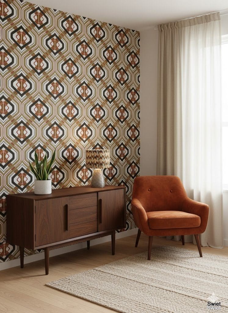 14270 vintage geometrisch behang grafisch 70s swiet, Huis en Inrichting, Stoffering | Behang, Verzenden, Minder dan 10 m², Zwart
