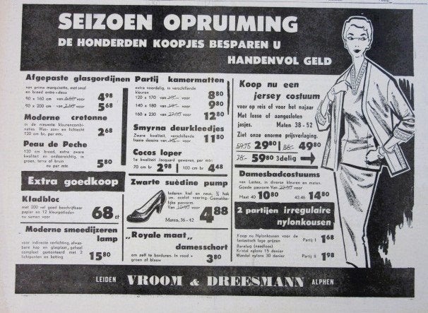 20 vintage advertenties Vroom en Dreesmann 1957 V&D, Verzamelen, Ophalen of Verzenden, Gebruikt, Reclamebord